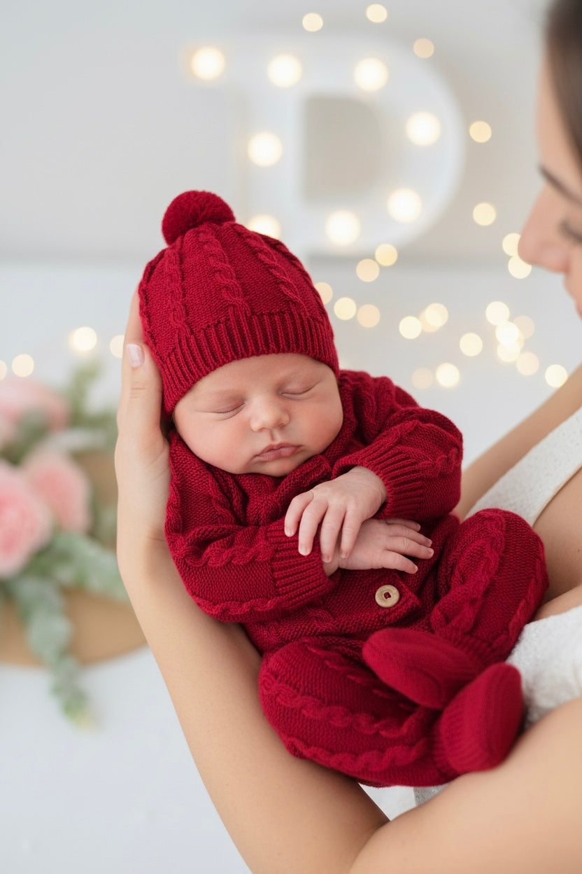 Saída de maternidade vermelho: macacão e gorro Outono Inverno