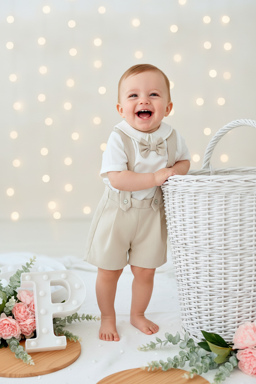 Conjunto especial cerimónia para menino: calções, camisa e laço
