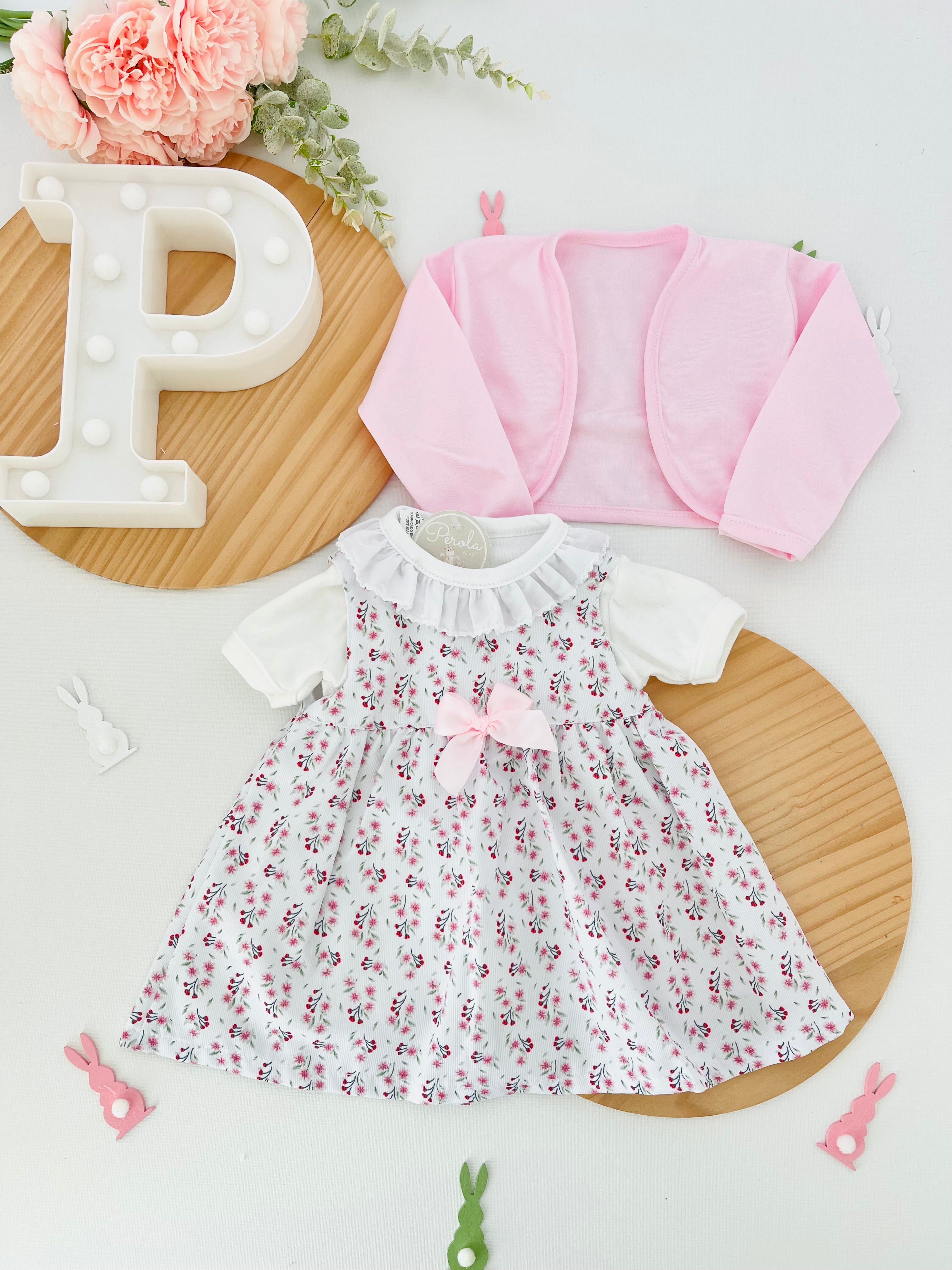 Conjunto algodão: casaco, vestido e camisola com golinha