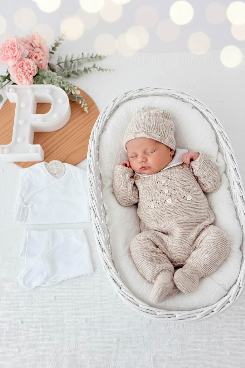 Pack saída de maternidade Bege 5 peças: body, calças, jardineiras, camisola e gorro
