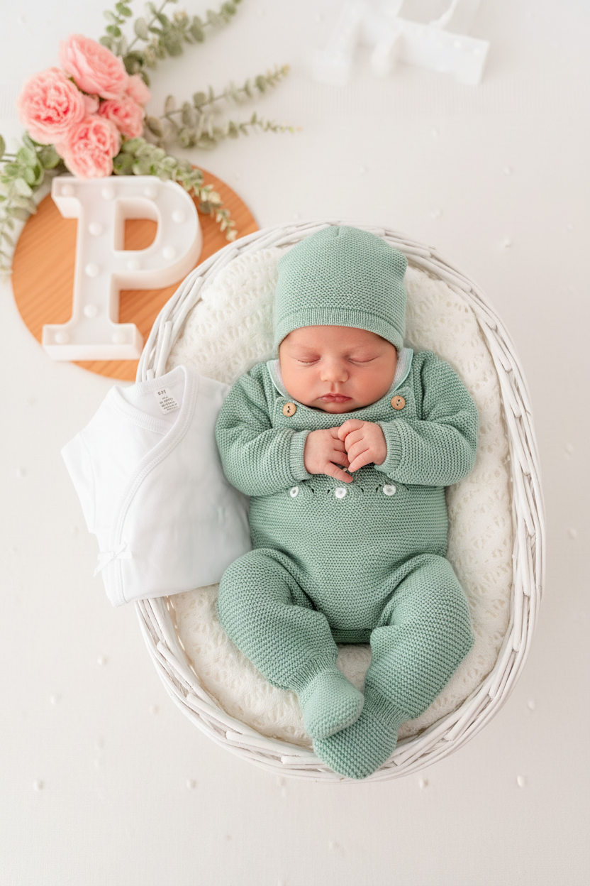 Pack saída de maternidade verde 5 peças: body, calças, jardineiras, camisola e gorro