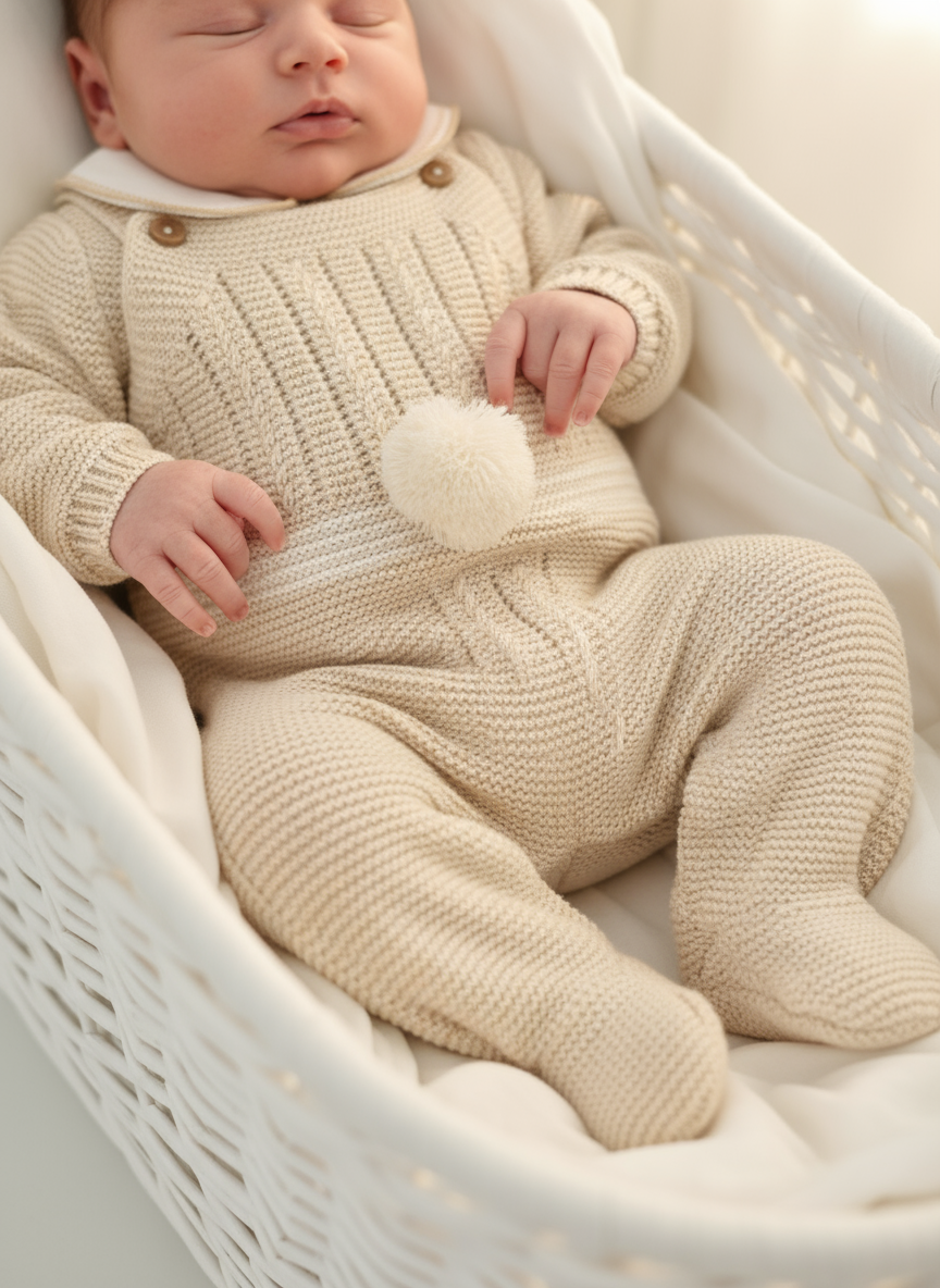 Conjunto Pompom bege: jardineiras, camisola e gorro