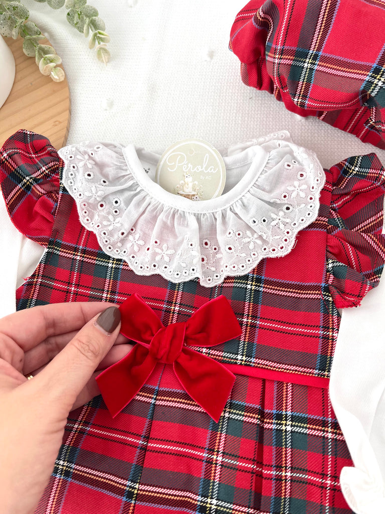 Conjunto Menina Tartan Vermelho e azul- Vestido, Blusa e Boina Natalícia