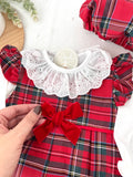 Conjunto Menina Tartan Vermelho e azul- Vestido, Blusa e Boina Natalícia
