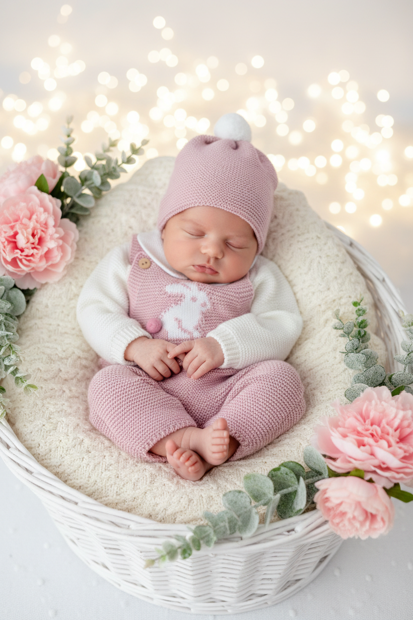 Conjunto coelhinho: jardineiras, camisola e gorro