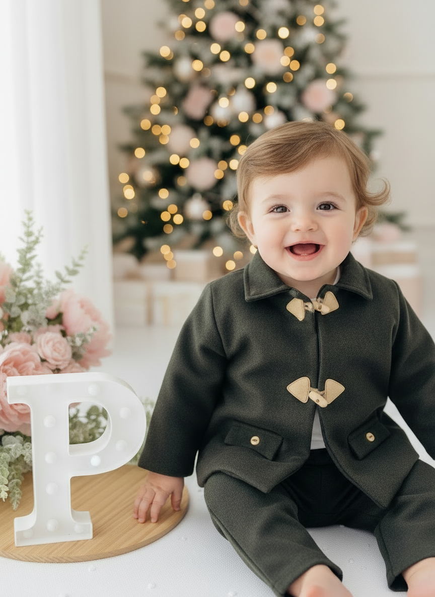 Conjunto menino em fazenda 3 peças: casaco, calças e camisola