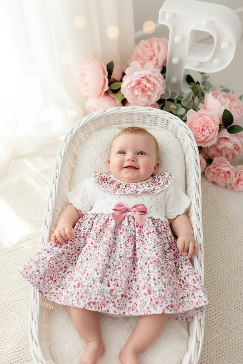 Vestido tema flores e laço 3-12M