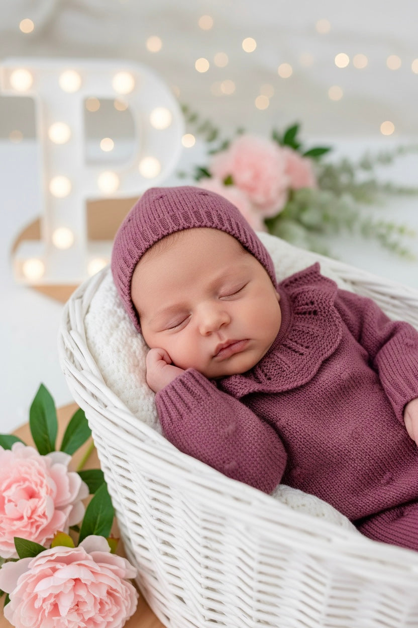 Babygrow e touca Berinjela em malha Outono Inverno