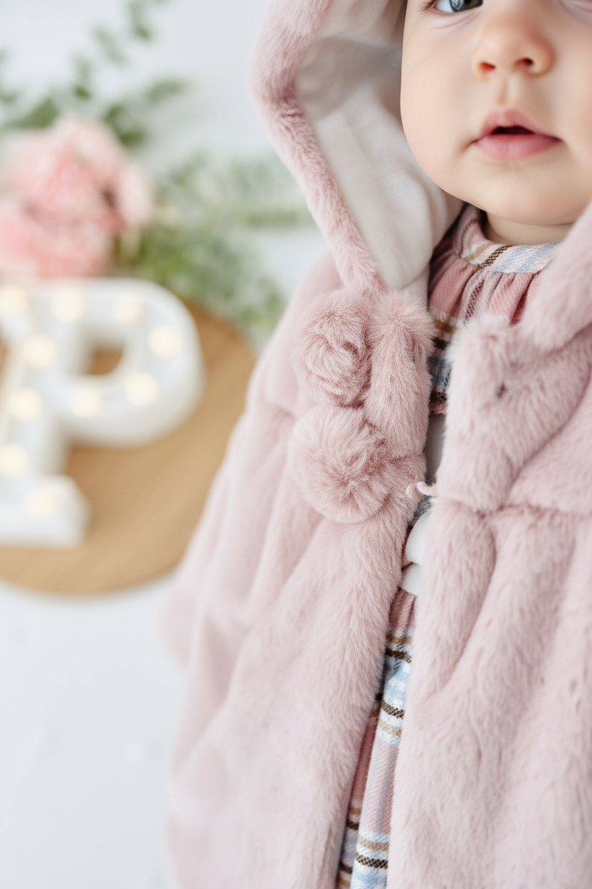 Conjunto Bela: casaco de pêlo comprido e vestido