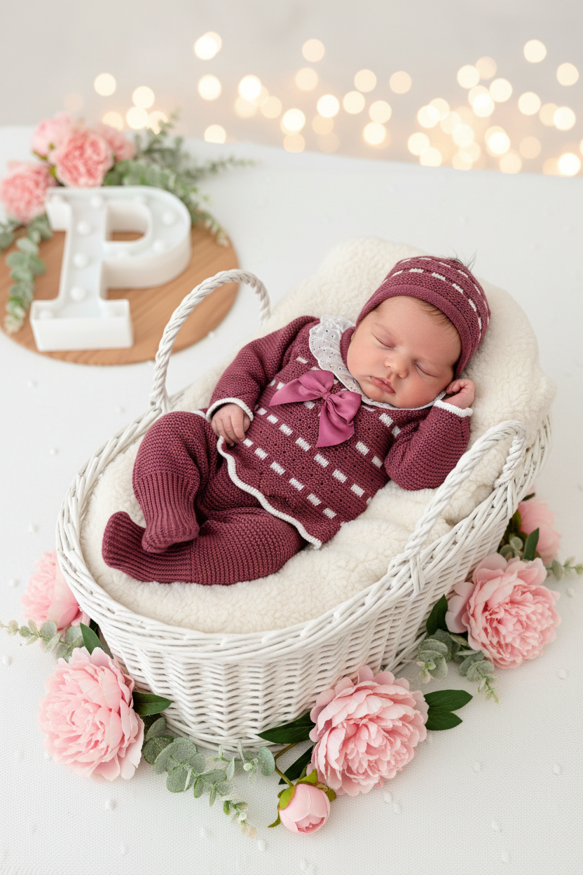 Conjunto princesinha de malha berinjela com bordado inglês