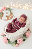 Conjunto princesinha de malha berinjela com bordado inglês