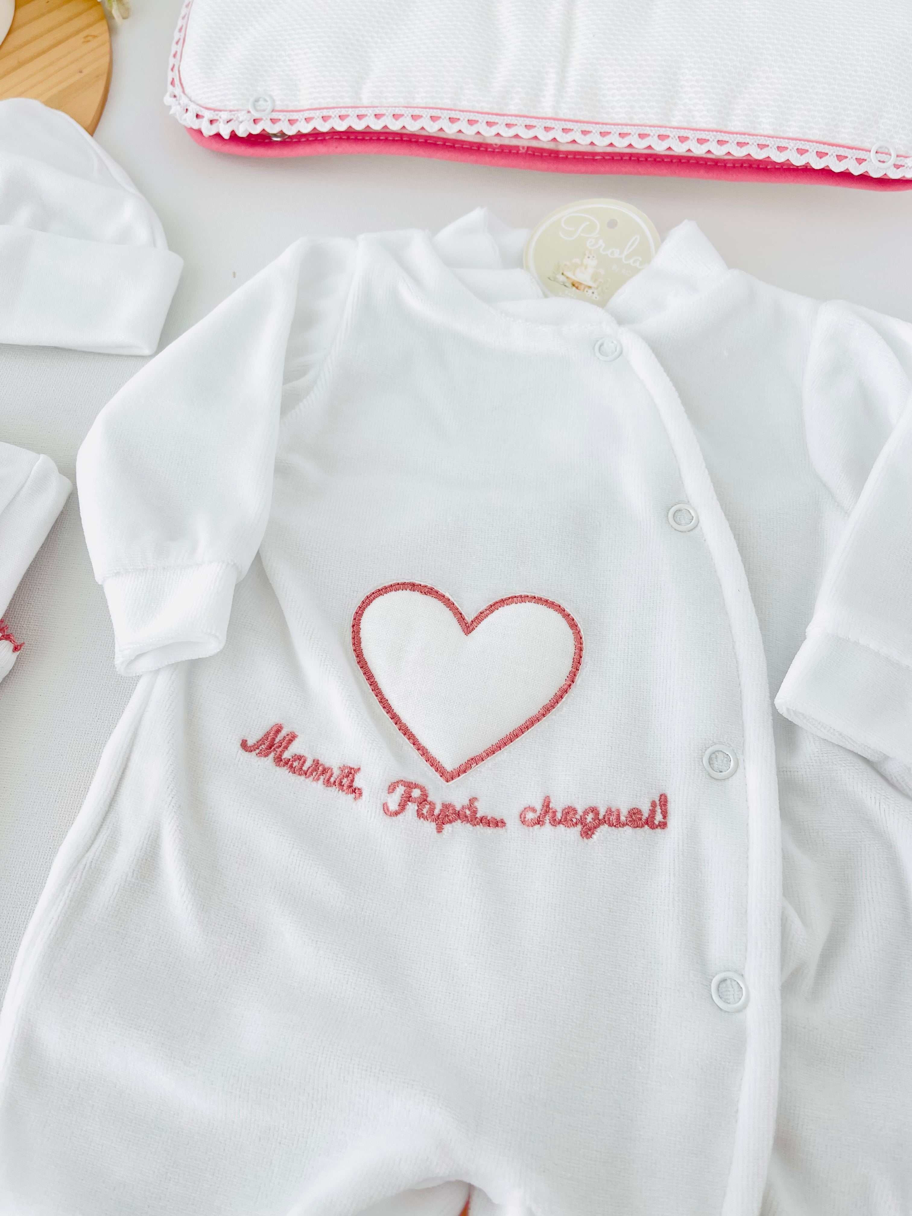 Conjunto primeira roupinha veludo- Mamã Papá cheguei