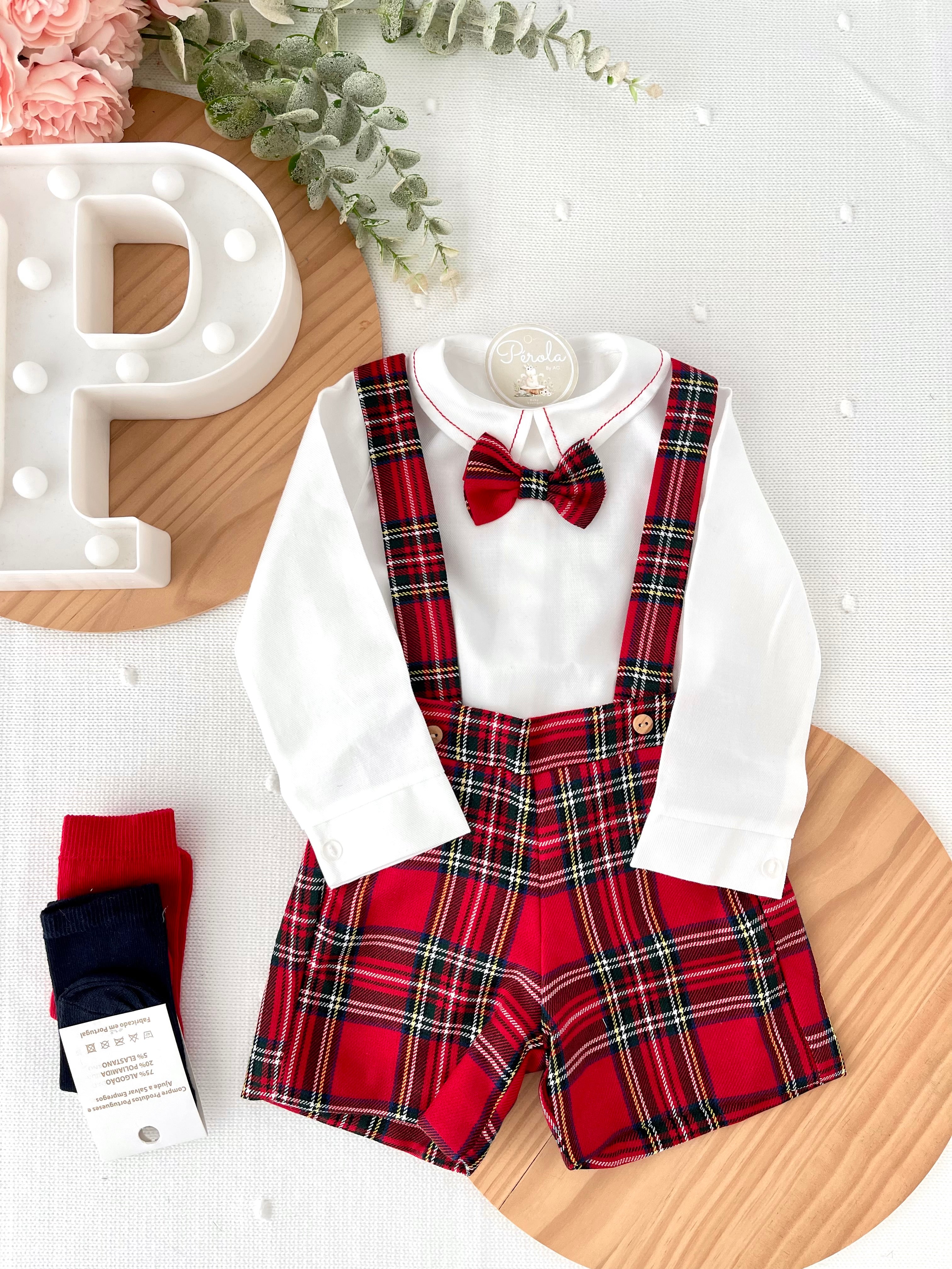 Conjunto xadrez vermelho menino Natal: calções, camisa em flanela e laço xadrez 2.0