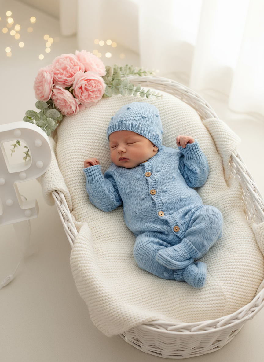 Conjunto bolinhas azul : macacão, gorro e carapins de malha