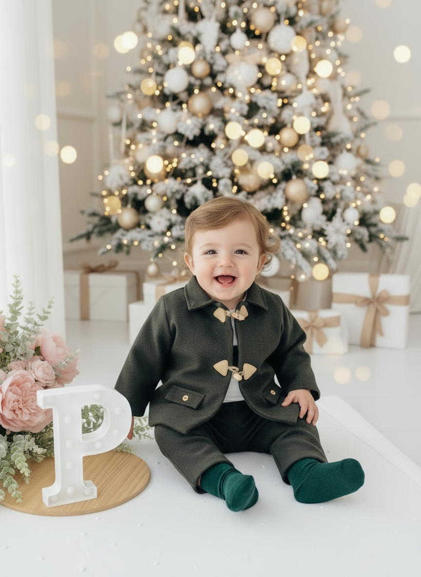 Conjunto menino em fazenda 3 peças: casaco, calças e camisola