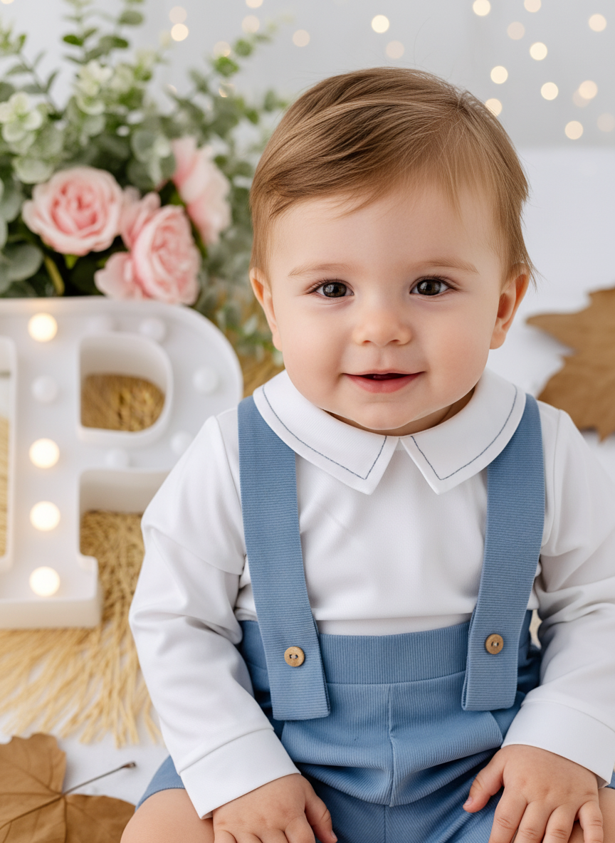 Conjunto menino azul: Calções bombazine e camisa- Outono/Inverno