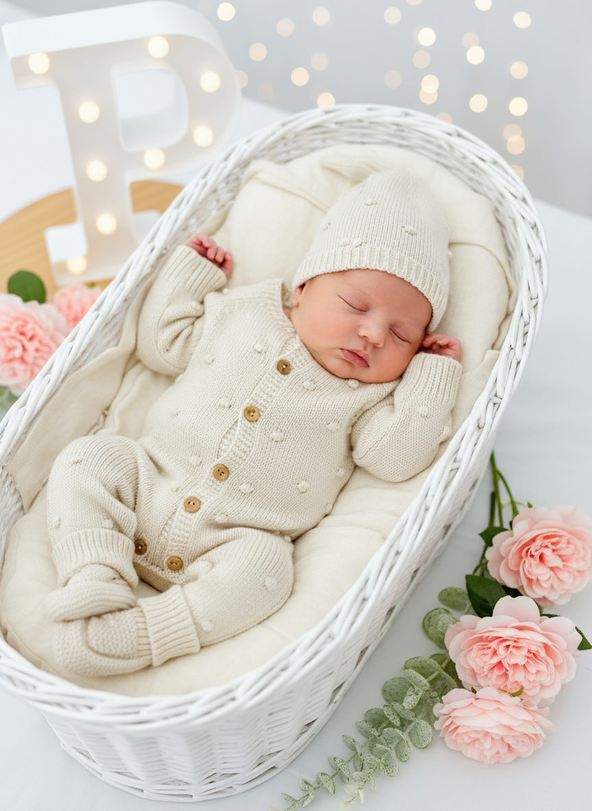 Conjunto bolinhas BEGE: macacão, gorro e carapins de malha