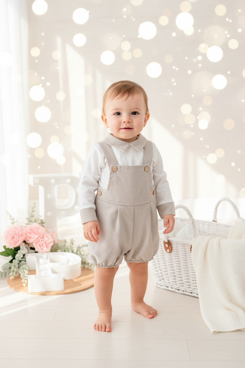 Conjunto bege: jardineiras e camisa