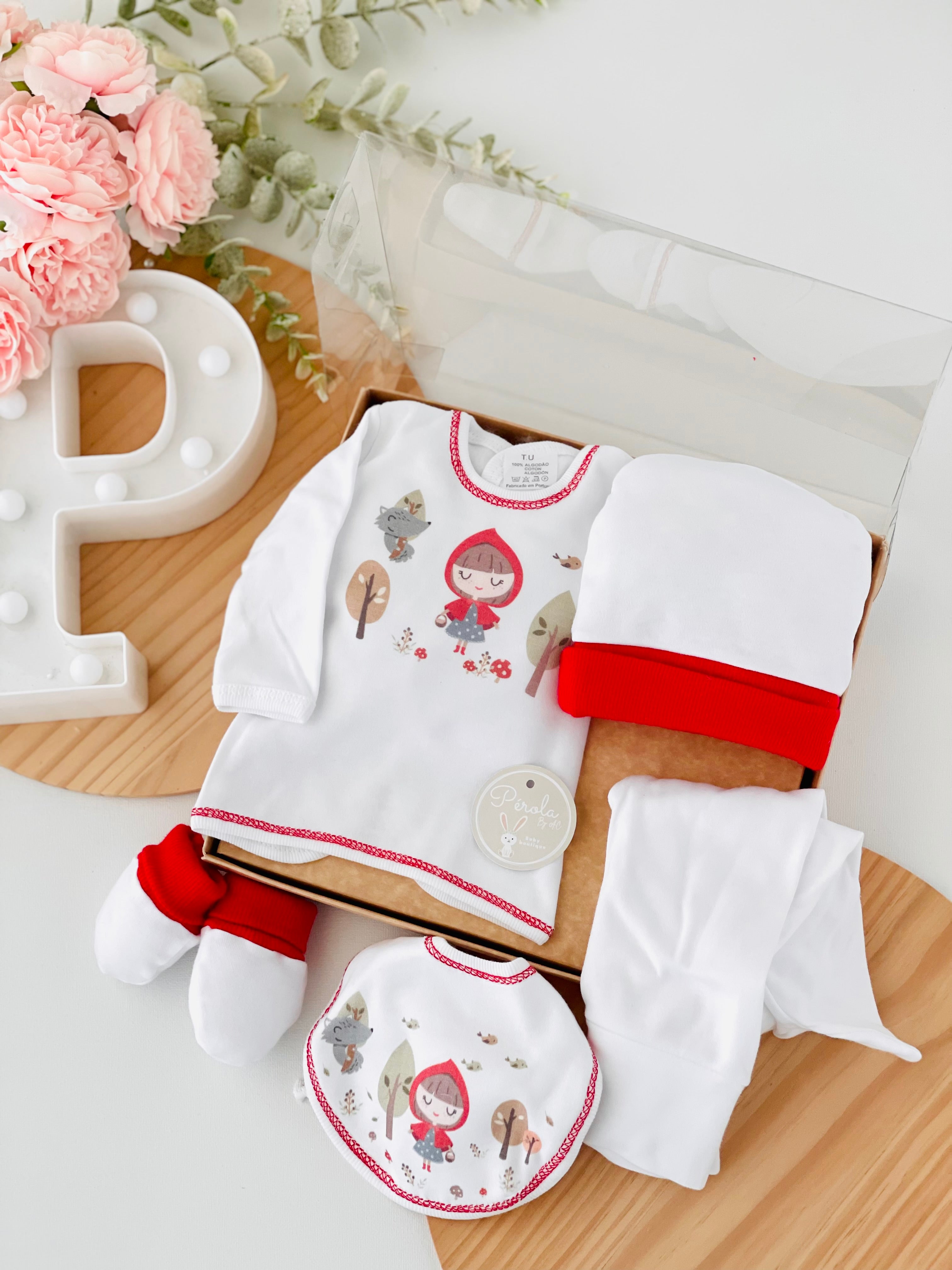 Pack 3 capuchinho vermelho: camisola, calças, gorro, luvas e babete