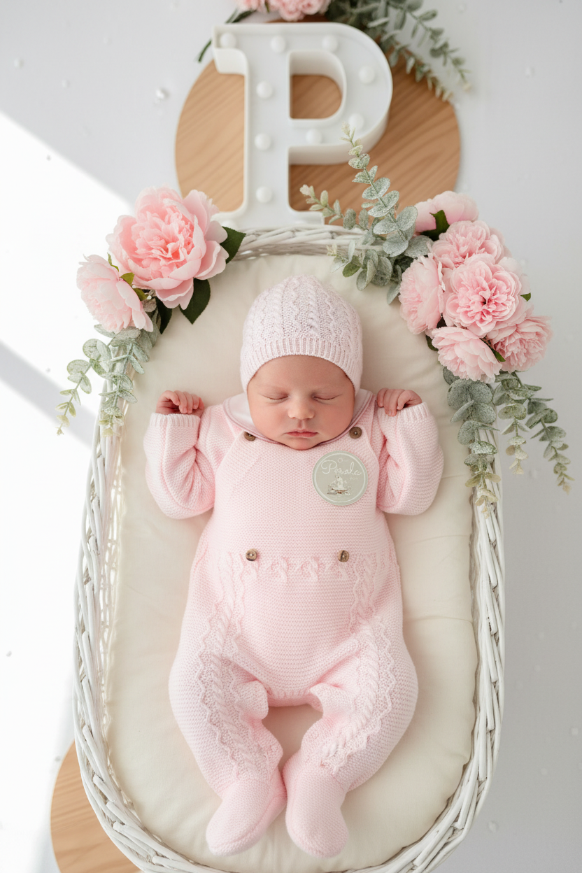 Conjunto ROSA : jardineiras, camisola e gorro malha quentinha