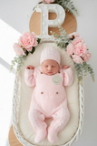 Conjunto ROSA : jardineiras, camisola e gorro malha quentinha
