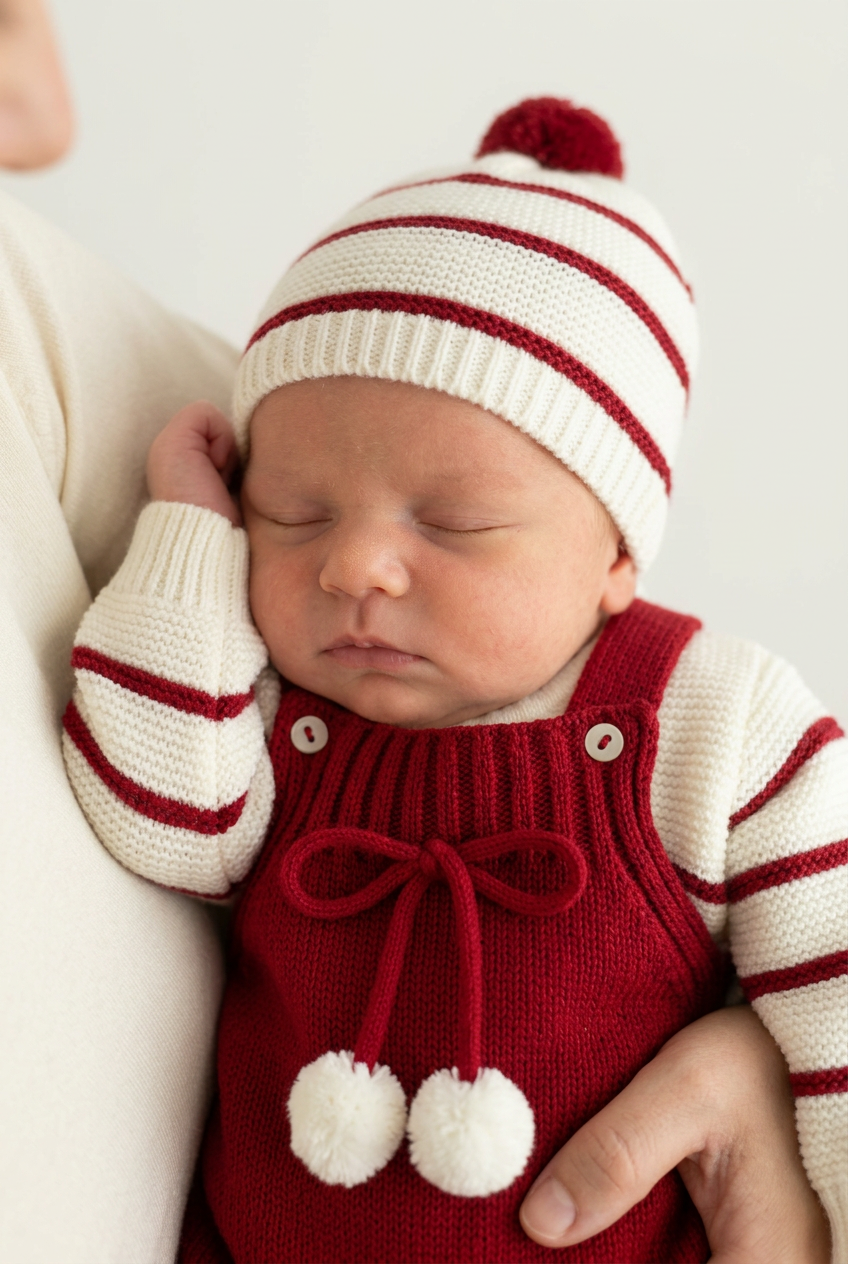 Conjunto risquinhas vermelho : jardineiras, camisola e gorro