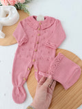 Conjunto Rosa Babygrow & Touca em Malha com Botões de Madeira