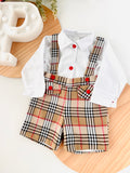 Conjunto menino xadrez estilo Burberry: Calções com alças e camisa