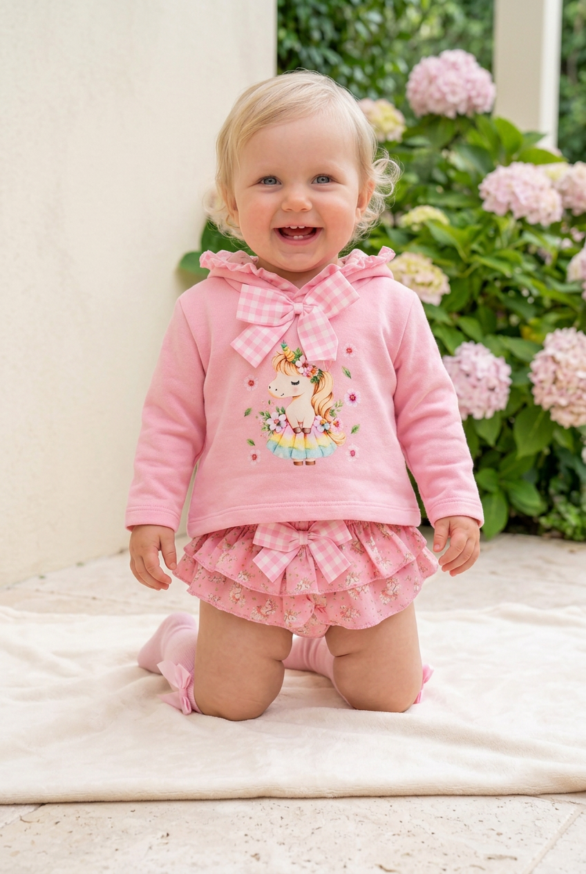 Conjunto Unicórnio Encantado Rosa – Camisola com Capuz e Tapa-Fraldas 6-36M