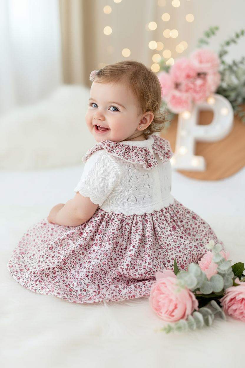Vestido tema flores e laço 3-12M