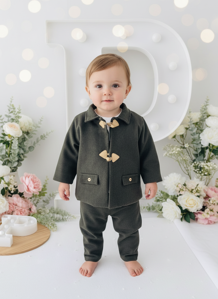 Conjunto menino em fazenda 3 peças: casaco, calças e camisola
