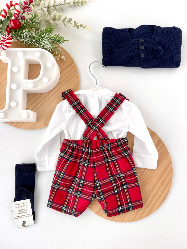 Conjunto xadrez vermelho menino Natal: calções, camisa em flanela e laço xadrez
