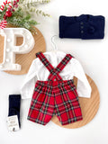 Conjunto xadrez vermelho menino Natal: calções, camisa em flanela e laço xadrez