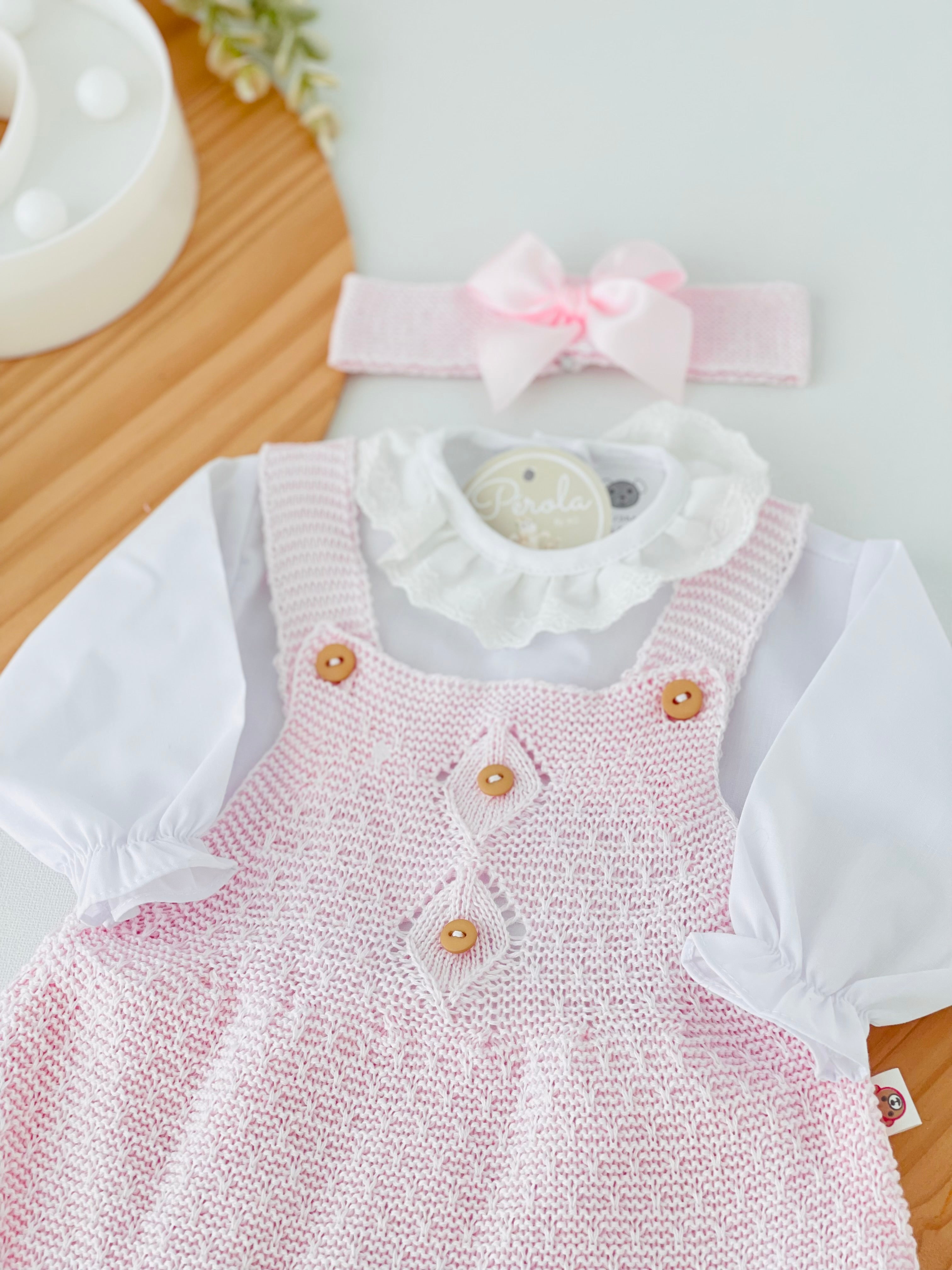 Conjunto rosa : vestido, blusa e fita com laço