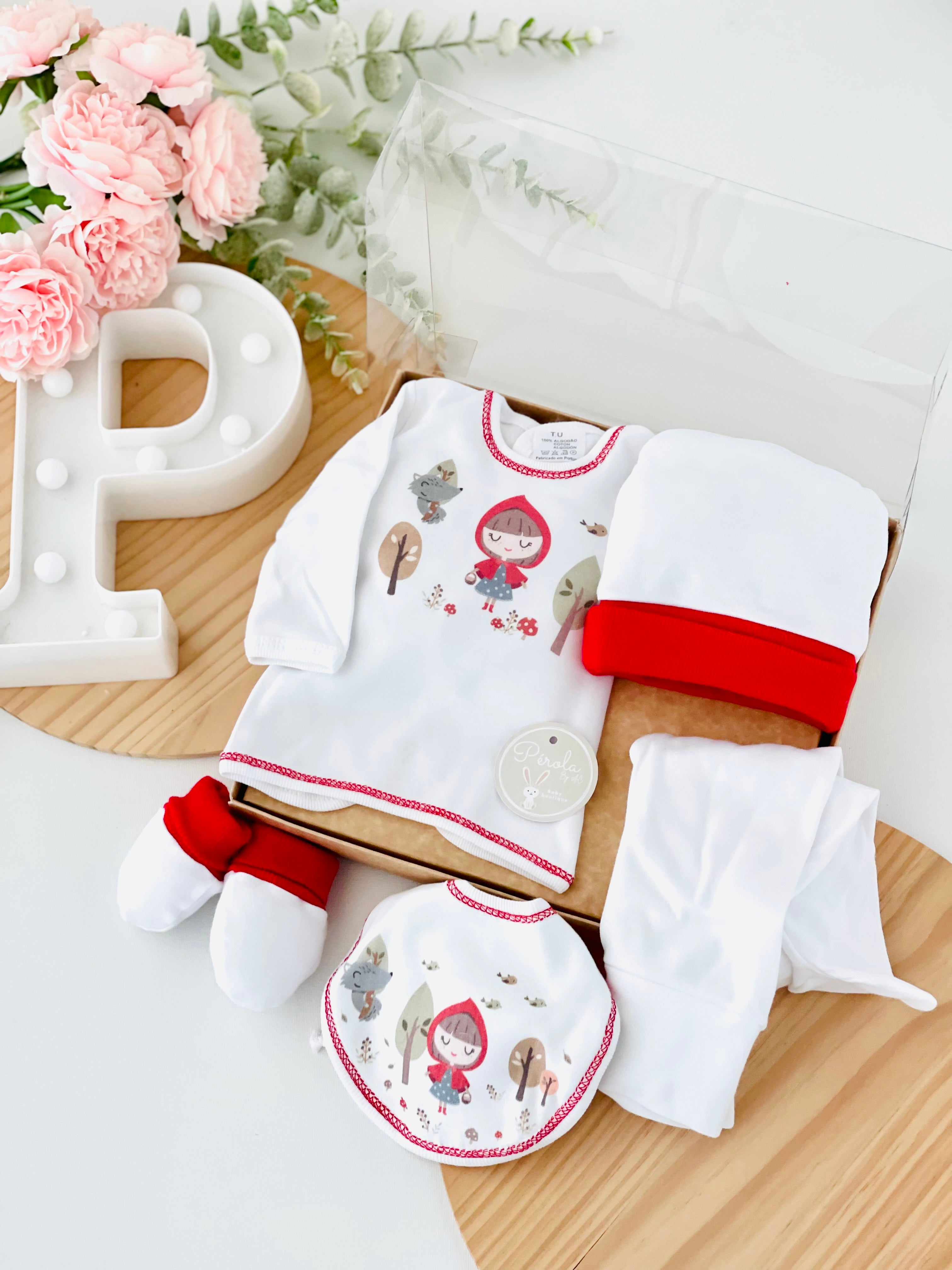 Pack 3 capuchinho vermelho: camisola, calças, gorro, luvas e babete