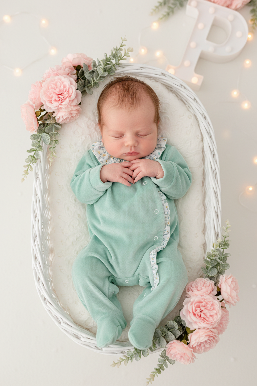 Babygrow tema flores em VELUDO verde