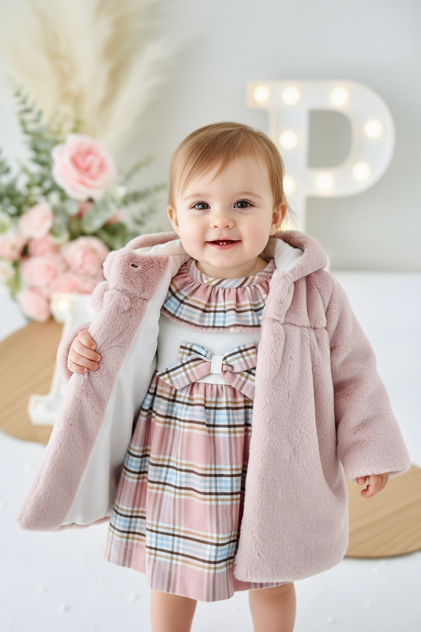 Conjunto Bela: casaco de pêlo comprido e vestido