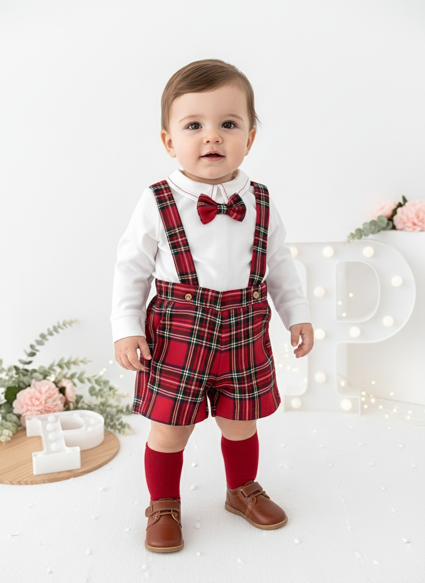 Conjunto xadrez vermelho menino Natal: calções, camisa em flanela e laço xadrez 2.0