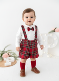 Conjunto xadrez vermelho menino Natal: calções, camisa em flanela e laço xadrez 2.0