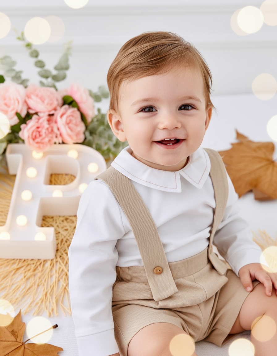 Conjunto menino bege: Calções bombazine e camisa- Outono/Inverno