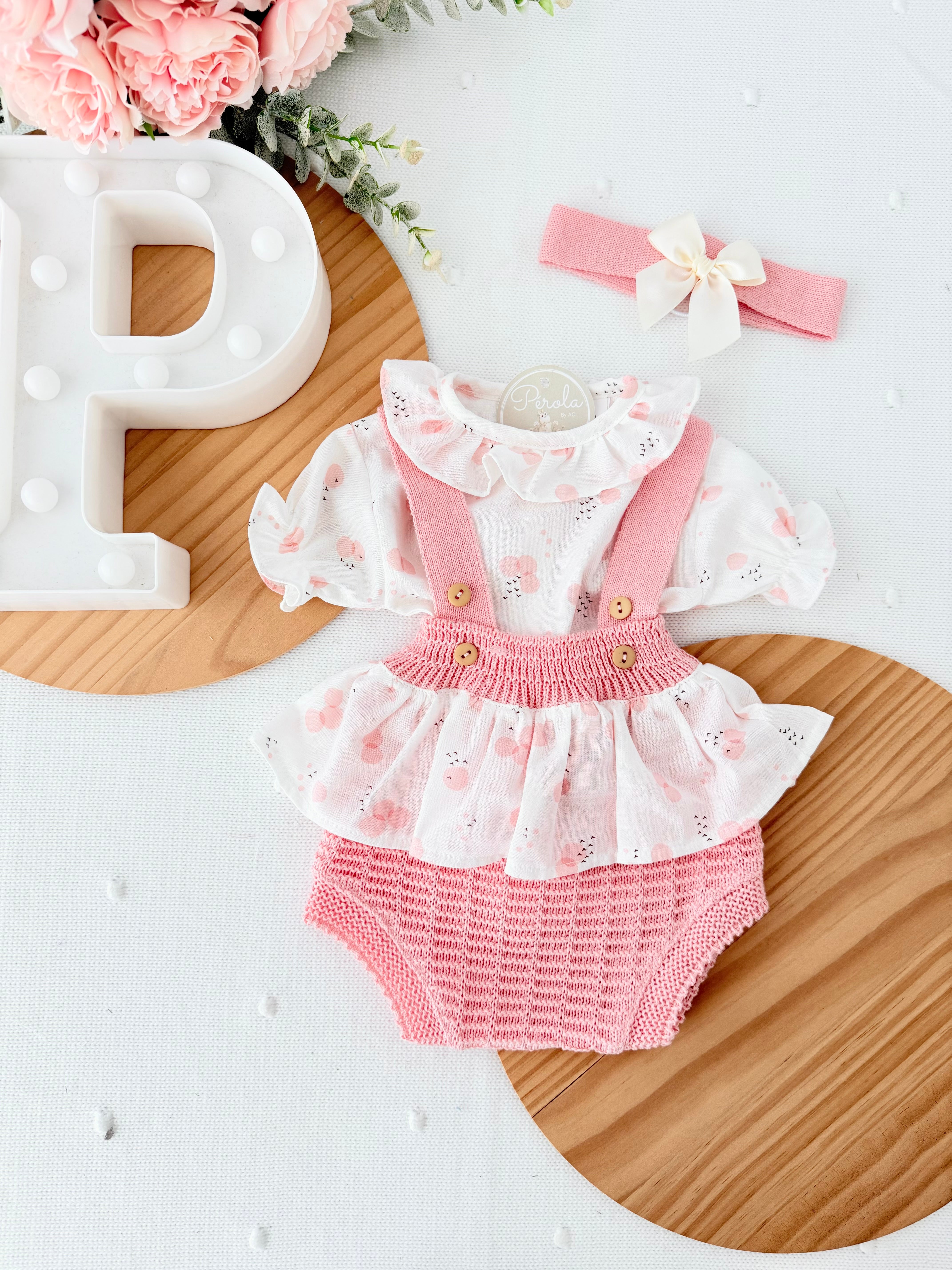 Fofo, fita para cabelo e blusa Salmão - recém nascidos