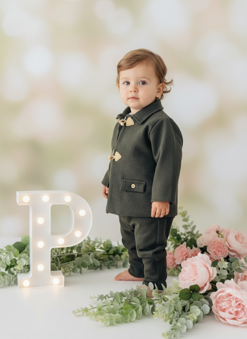 Conjunto menino em fazenda 3 peças: casaco, calças e camisola