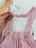Conjunto Bolinhas Rosa: Blusa + Jardineiras com Laço