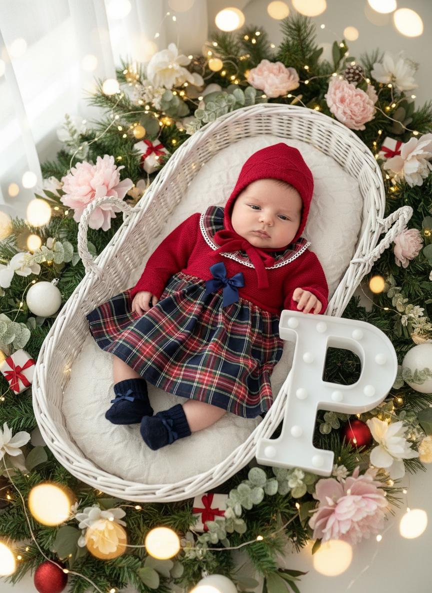 Vestido e touca em malha e xadrez azul marinho
