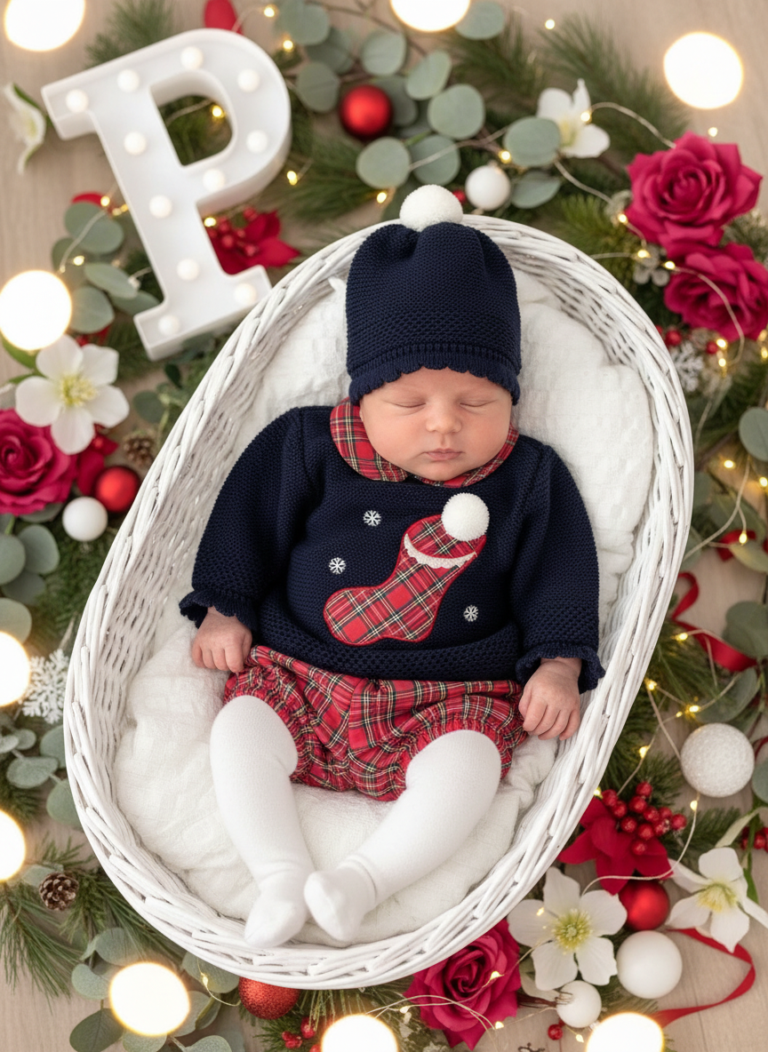 Conjunto Natal: camisola, calções e gorro pompom