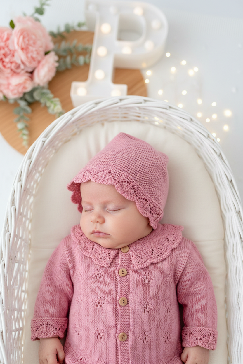 Conjunto Rosa Babygrow & Touca em Malha com Botões de Madeira