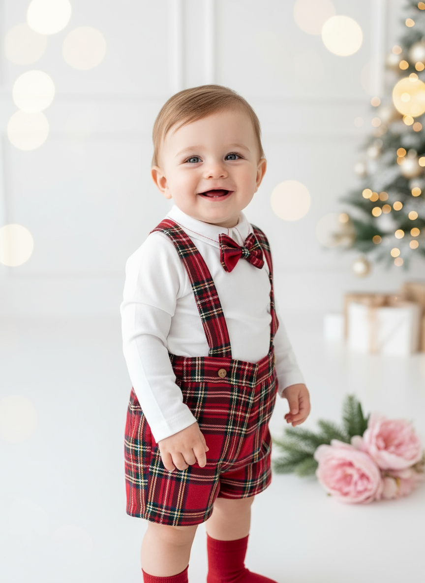 Conjunto xadrez vermelho menino Natal: calções, camisa em flanela e laço xadrez 2.0