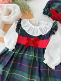 Conjunto xadrez verde : vestido, blusa e bóina