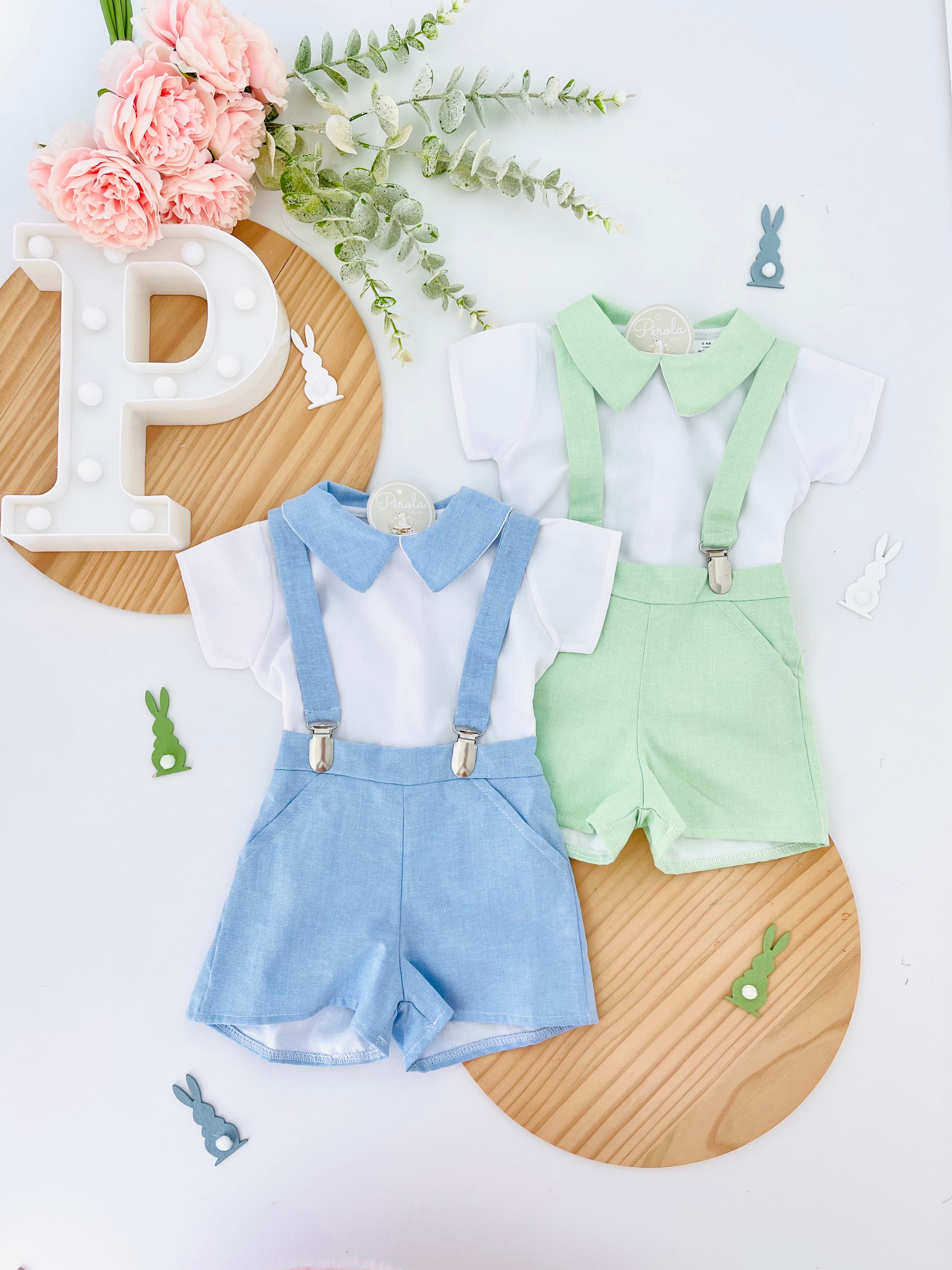 Conjunto Pequeno Príncipe: calções com suspensórios e camisa 3-12M