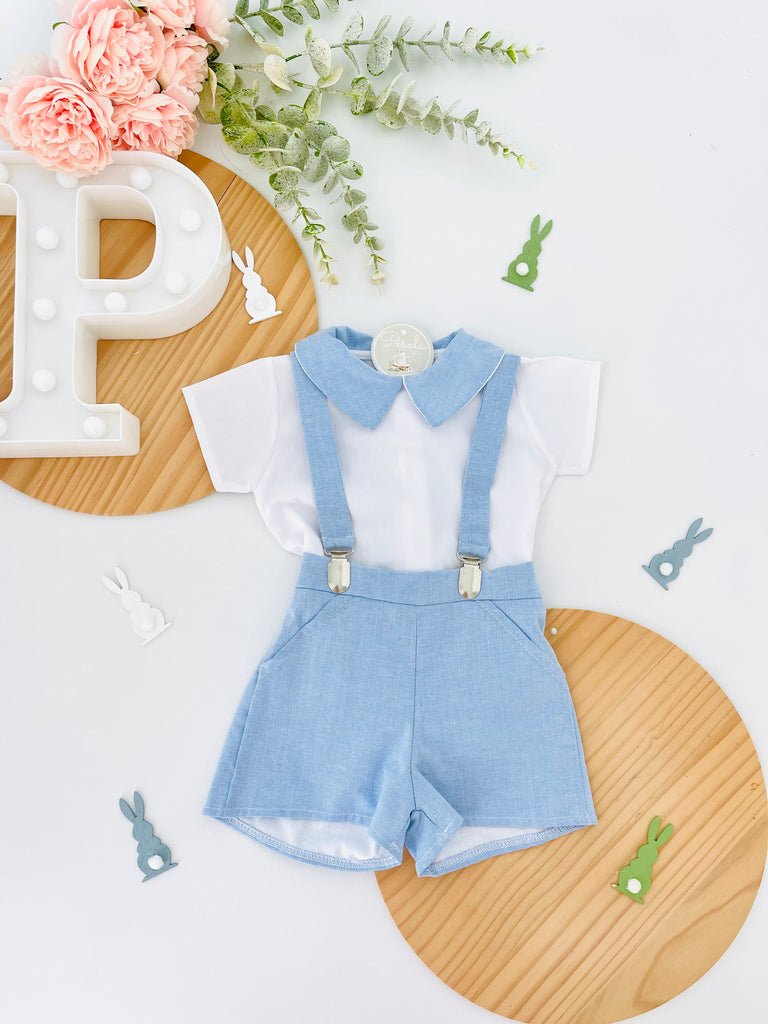 Conjunto cerimónia: calções com suspensórios e camisa de manga curta